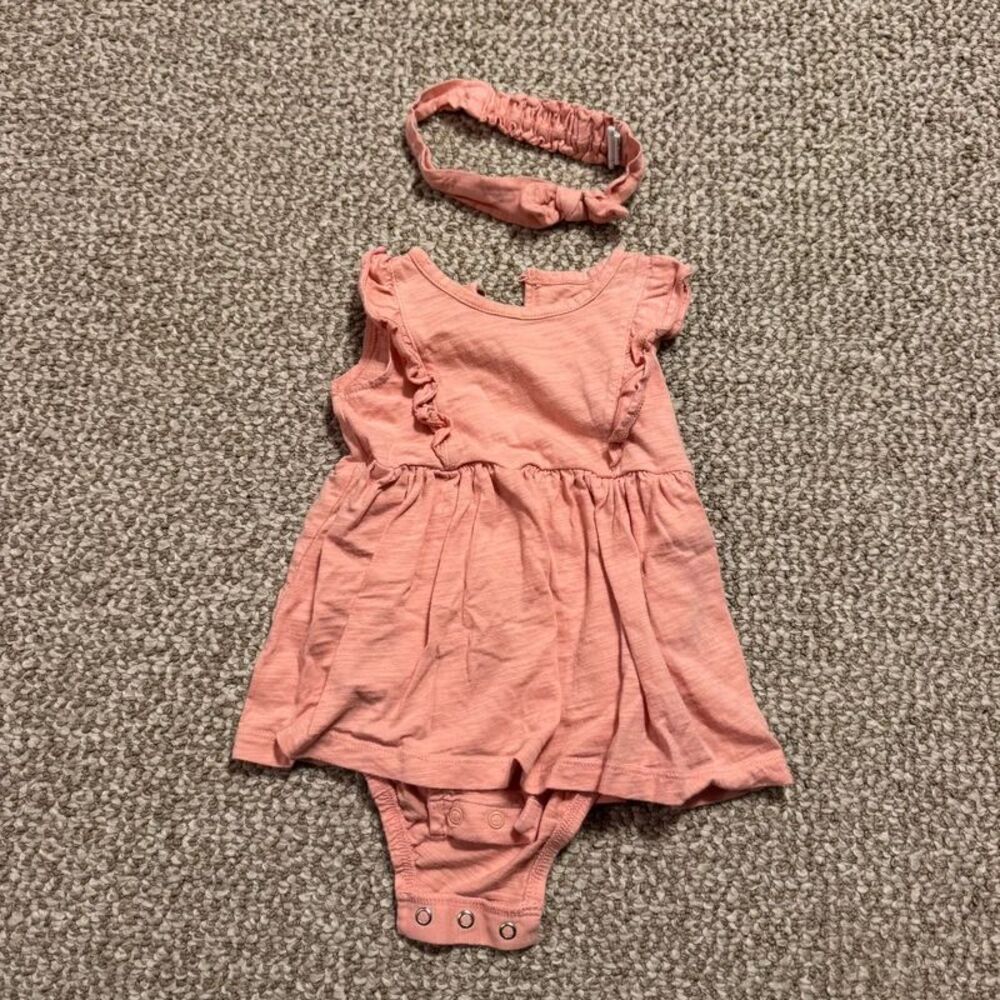 Carter's Baby Girl Romper Dress Pink Ruffle Sleeve Matching Headband 12 Months